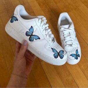 Custom Nike Womens Air Force 1 - White with Blue Butterflies